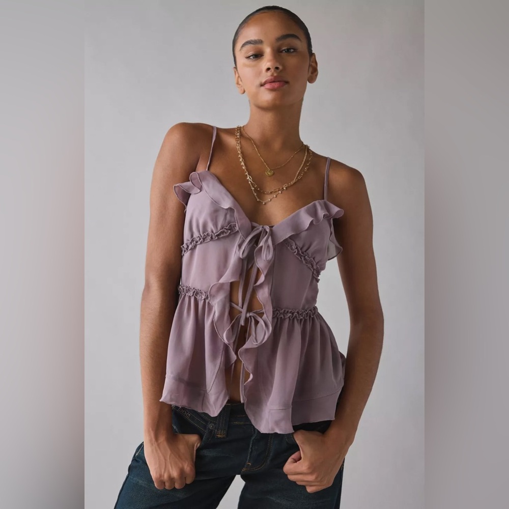 UO Kimchi Blue Beau Cascading Ruffle Tie-Front Flyaway Cami